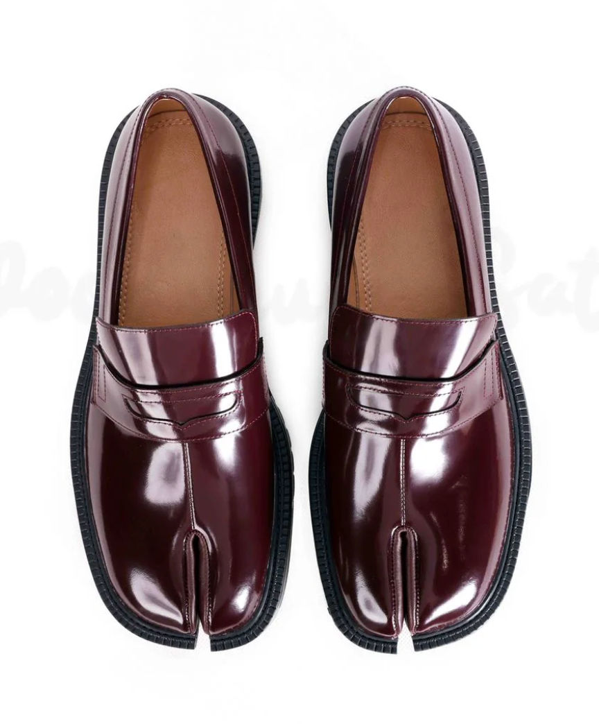WoodChuckSato Women's Men's Burgundy Tabi Split-Toe Cow Leather Loafers with Chunky Cleated Sole Sizes EU 35-47