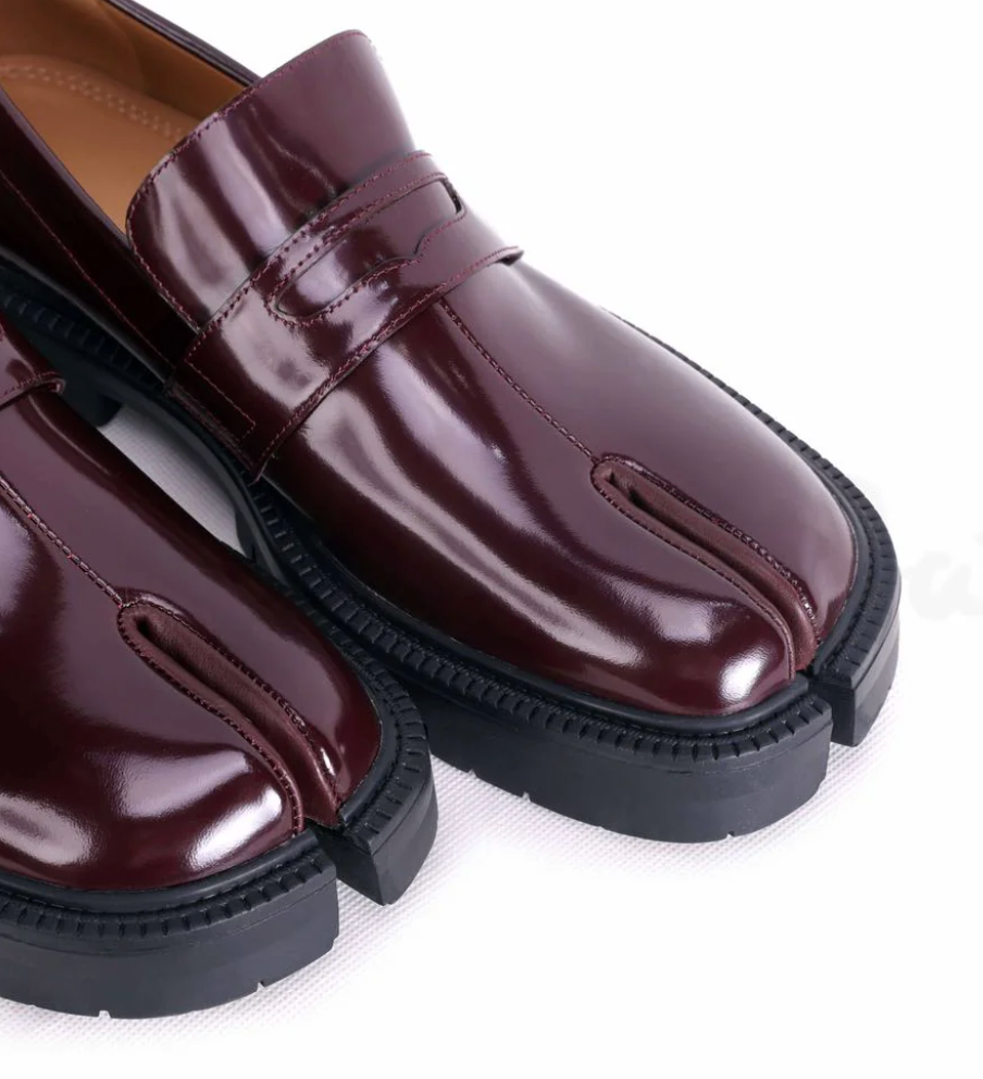 WoodChuckSato Women's Men's Burgundy Tabi Split-Toe Cow Leather Loafers with Chunky Cleated Sole Sizes EU 35-47