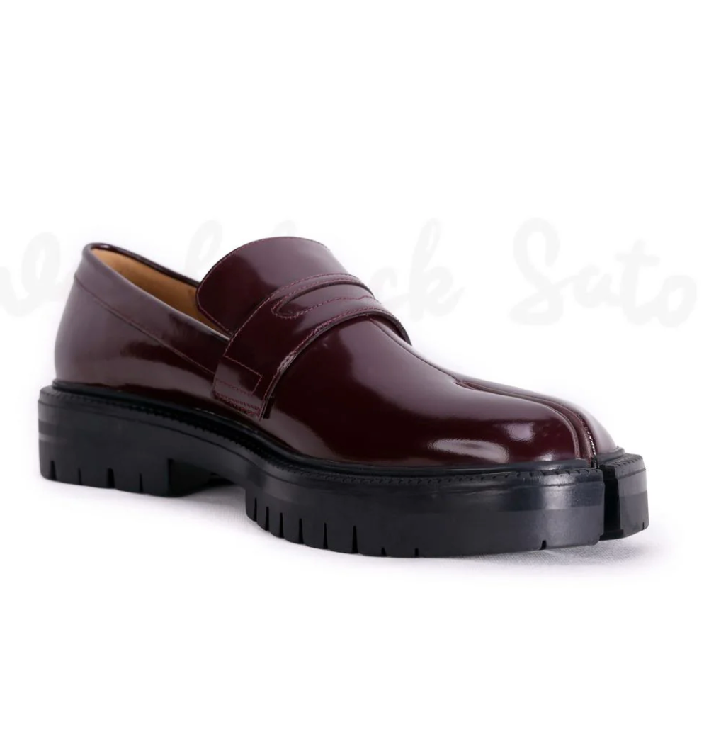 WoodChuckSato Women's Men's Burgundy Tabi Split-Toe Cow Leather Loafers with Chunky Cleated Sole Sizes EU 35-47