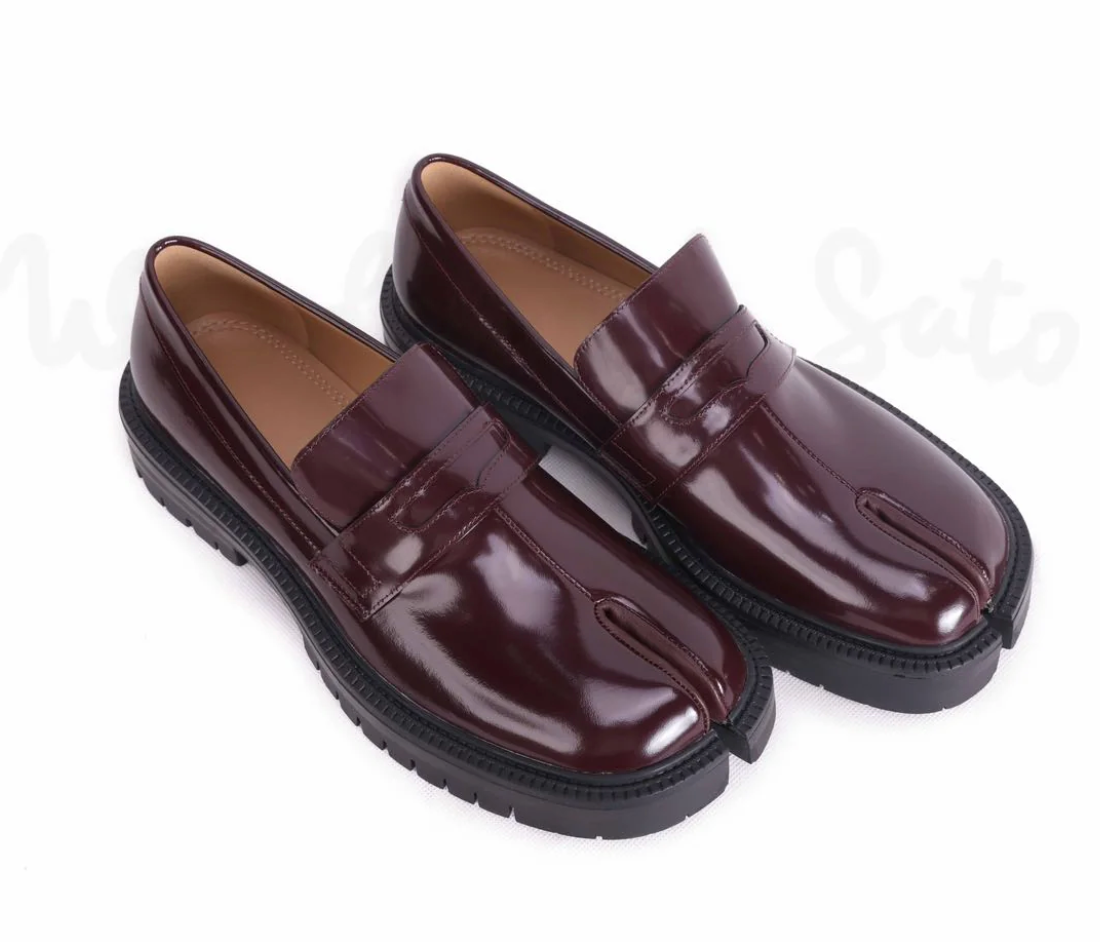 WoodChuckSato Women's Men's Burgundy Tabi Split-Toe Cow Leather Loafers with Chunky Cleated Sole Sizes EU 35-47